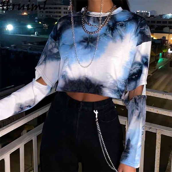 Women Thirt Shirt Long Tie Tie Dye Fashion Elegante S O Neck Short Knit Casual Party Ladies Tops Streetwear 210513