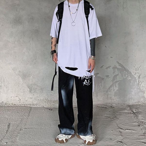 

men's t-shirts high street hole multi-color short sleeve city youth fashion male brand loose casual large size t-shirt, White;black