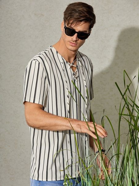 

men vertical striped lace up shirt r1sw#, White;black
