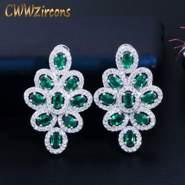 

stud cwwzircons fashion luxury green cubic zirconia stone flower large long earrings for women wedding party jewelry cz686, Golden;silver