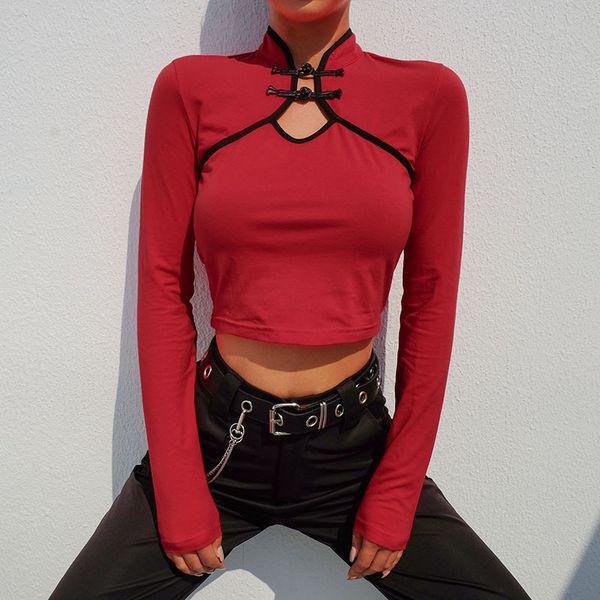 

cut out tee shirt streetwear autumn 2021 long sleeve female chinese style women 2021 slim crop female 12068, Red