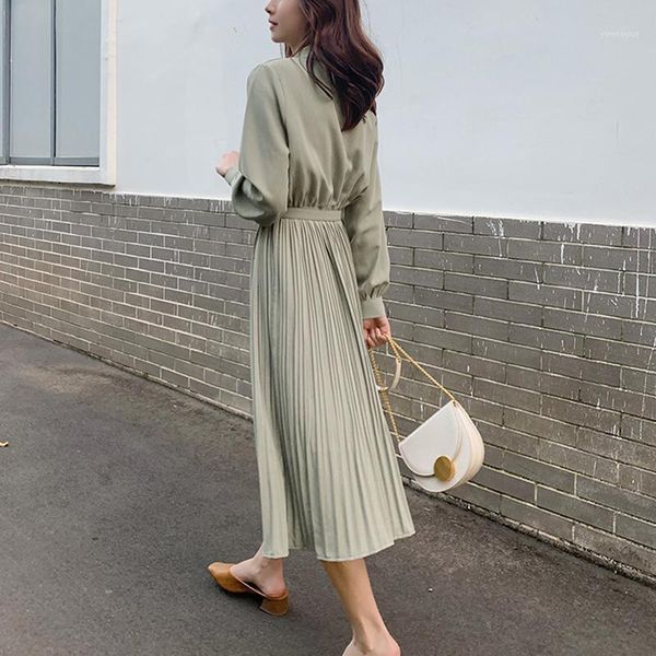 

casual dresses goohojio vintage bow neck single-breasted women a-line dress 2021 spring elastic high waist belted female pleated, Black;gray