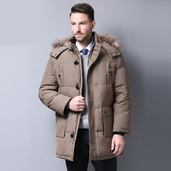 

down 90% white duck winter jacket down coat real fur collar hooded parka thick warm brand men clothing 4xl, Black