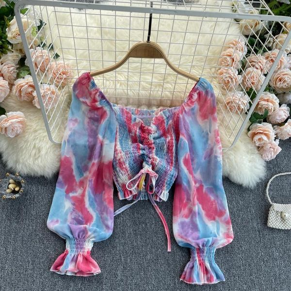 

singreiny design gradient color blouse women elastic drawstring ruched slim summer korean fashion chiffon short blouses 210419, White