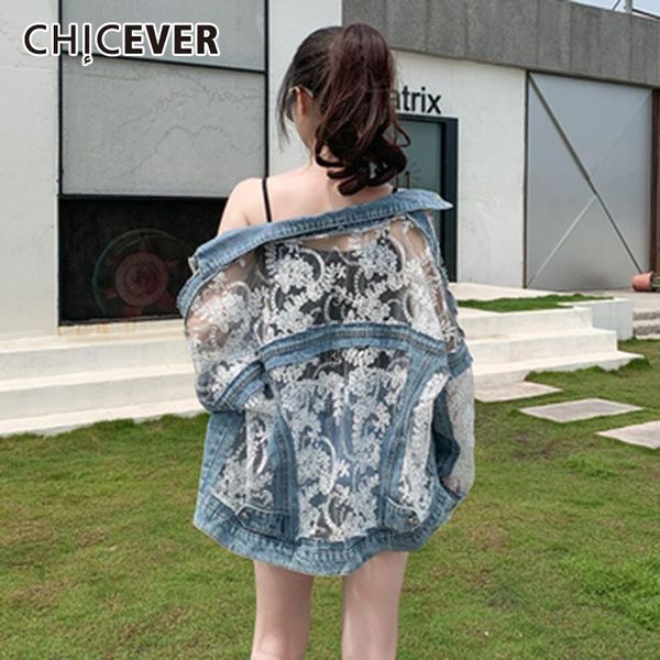 

women's jackets chicever casual patchwork mesh hit color denim coat for women lapel long sleeve straight korean female spring 2021 styl, Black;brown