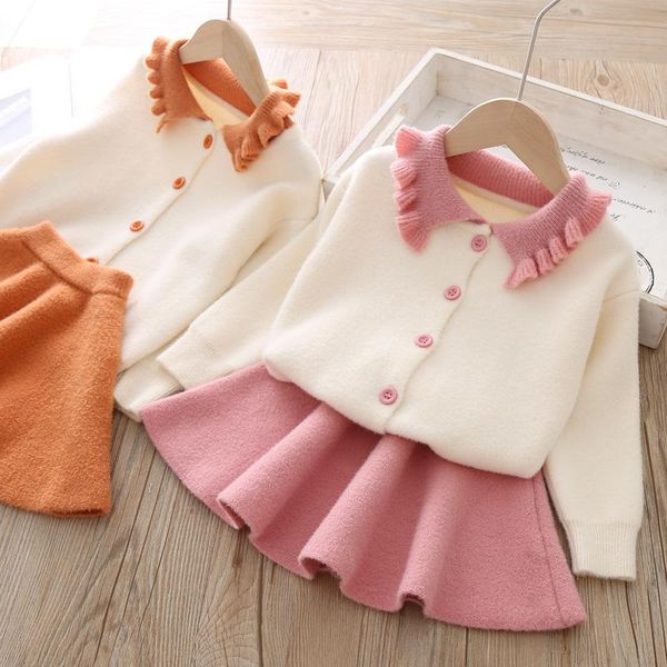 

pullover winter children clothing sets solid knitted cardigan sweater pleated skirt 2pcs baby girls suits kids outfits fall, Blue