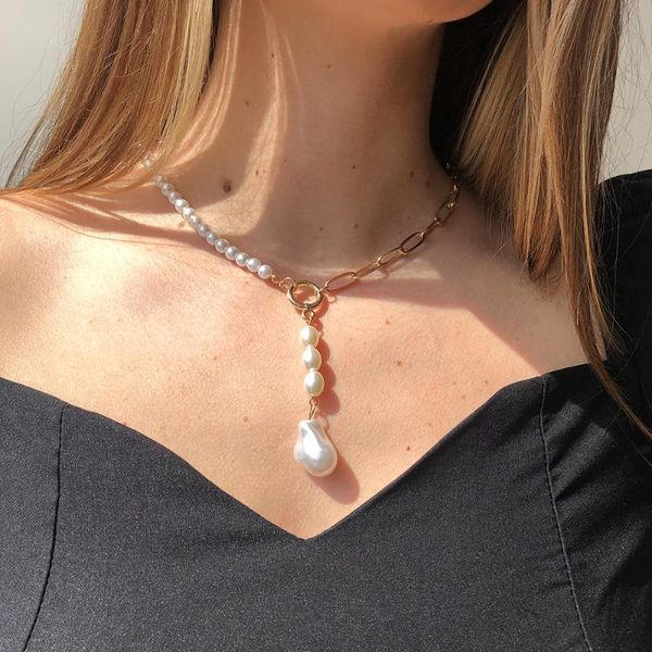 

chains european&american baroque shaped pearl pendant tassel necklace ins cold wind simple temperament clavicle chain fashion jewelry, Silver