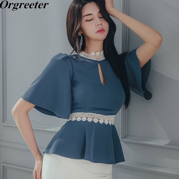 

shirt female summer korean lace hollow out deco flare sleeve wild blouse women 210525, White