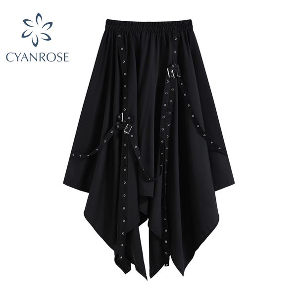 

oversized streetwear gothic skirts women summer high waist irregular black skirts female punk belt patchwork tide clothes 210417