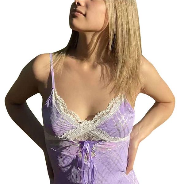 

women's tanks & camis 90s e-girl y2k crop cami sleeveless v neck lace patchwork tank criss cross lace-up camisole, White