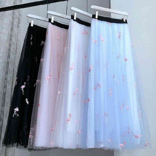 

skirts women fairy embroidered flamingos maxi long tulle 2trb, Black