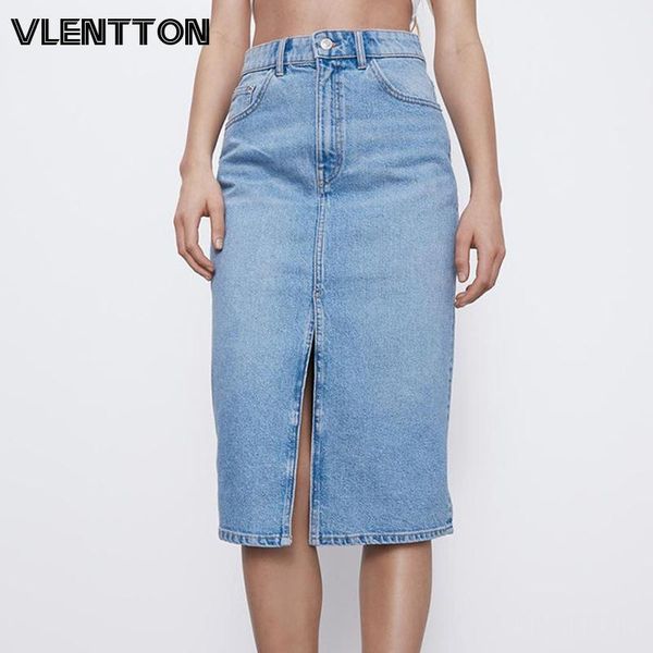 

skirts spring autumn black blue split women's straight denim skirt high waist solid midi jeans saia faldas mujer moda 2021