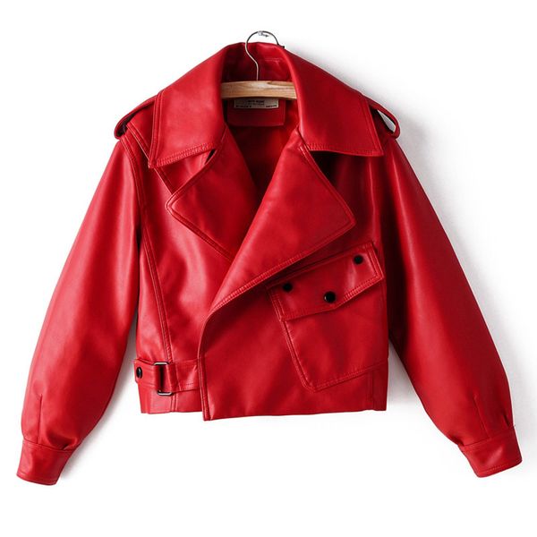 Cappotti in pelle PU rossa Tasche con risvolto da donna Giacca corta Abbigliamento da donna in moto Allentato Casual Primavera nera 210510