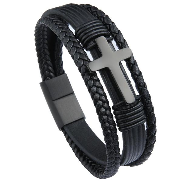 

vanbula retro punk woven multi-layer stainless steel cross pendant men's leather rope gift for boyfriend bracelet jewelry charm bracele, Golden;silver