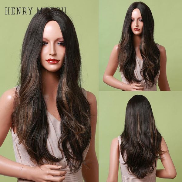 

synthetic wigs henry margu natural long wave black brown highlight wig middle part daily hair for women afro heat resistant