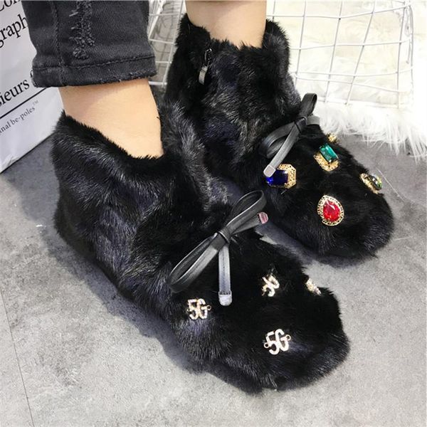 

boots crystal decor women winter warm fur flat botas mujer casual ankle boot thick sole platform shoes woman snow, Black