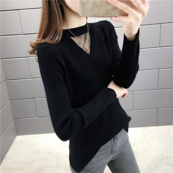 

women's sweaters spring 2021 style mesh splicing bottoming shirt slim fit long black sweater women, White;black