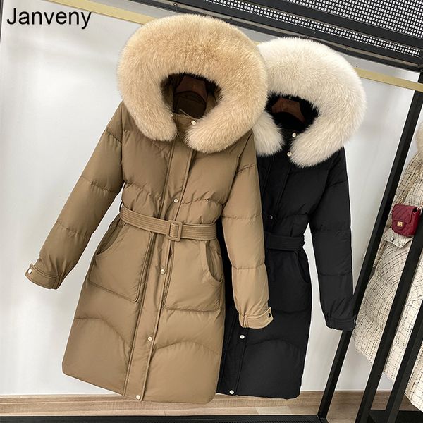 

janveny natural fox fur hooded long down coat women belt puffer winter female parkas 90% white duck down jacket feather overcoat, Black