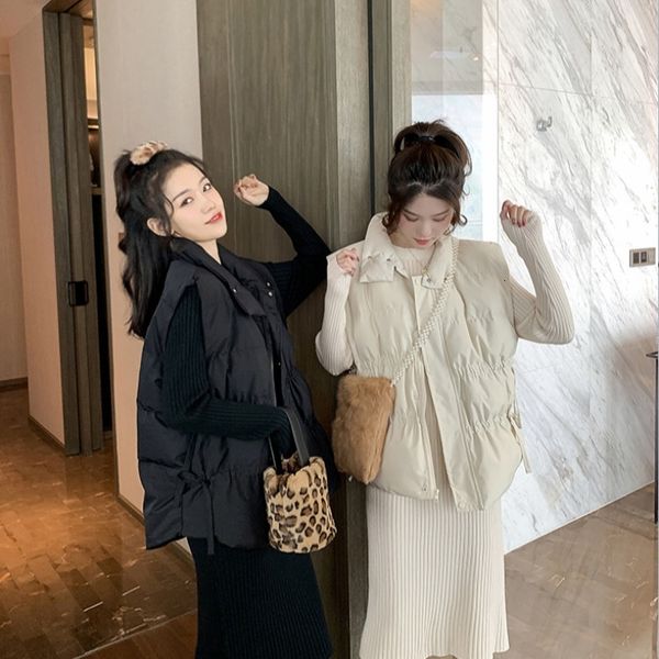 

vests 2021 south korea autumn and winter stand collar fashion drawstring waist closing thin warm sleevels down vt cotton et women, Black;white