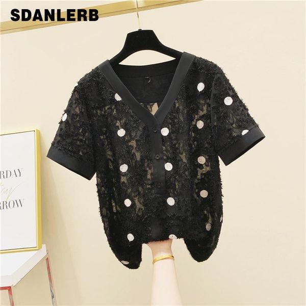 

women's blouses & shirts black short sleeve polka dot flocked chiffon shirt female 2021 summer v-neck loose blouse blusas mujer, White