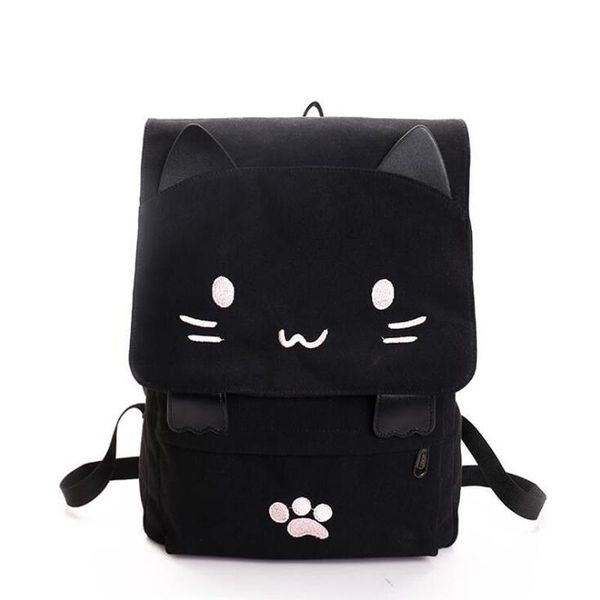 

backpack 2021 cute cat canvas cartoon embroidery backpacks for teenage girls school bag casual black printing rucksack mochilas
