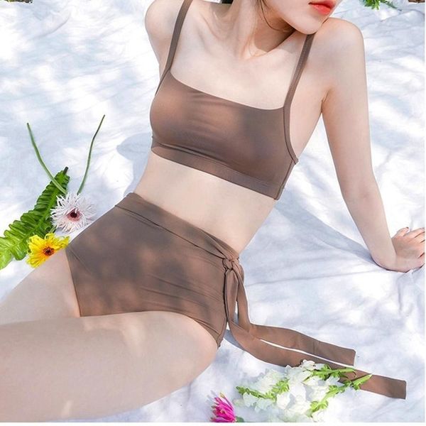 

one-piece suits 2021 korean est women tankini set two pieces swimsuit bikini with bow-tie high waist swimwear quick drying beach bathing sui
