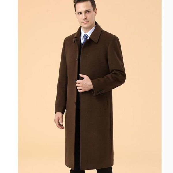 

men's trench coats autumn winter cashmere windbreaker long over-the-knee coat thick father wear middle-aged business casual woolen, Tan;black