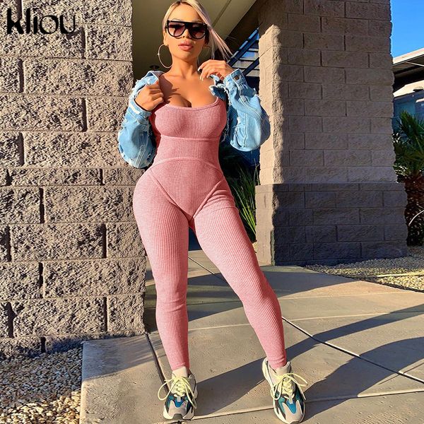 

2011kliou low-neck skinny jumpsuits women elastic hight fitness female sportswear sleeveless casual summer 2021 fashion streetwear, Black;white