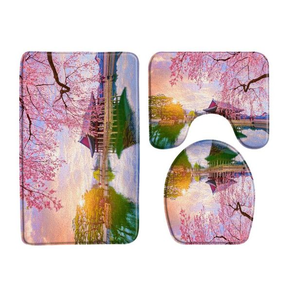 

bath mats classical architecture ocean landscape garden scenery 3-piece set mat entrance door bathroom rug toilets carpeted