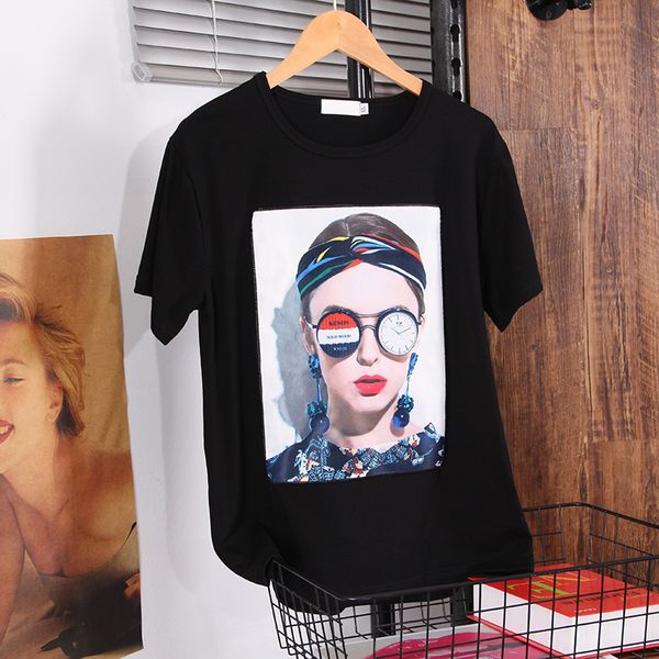 

donamol summer womens white clothes 2021 new fashion western style loose plus size t-shirts black printing appliques female