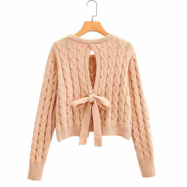

sweaters round neck long-sleeved twist pullover open back bow winter women's korean sweet warm knitted fashion female sweater, White;black