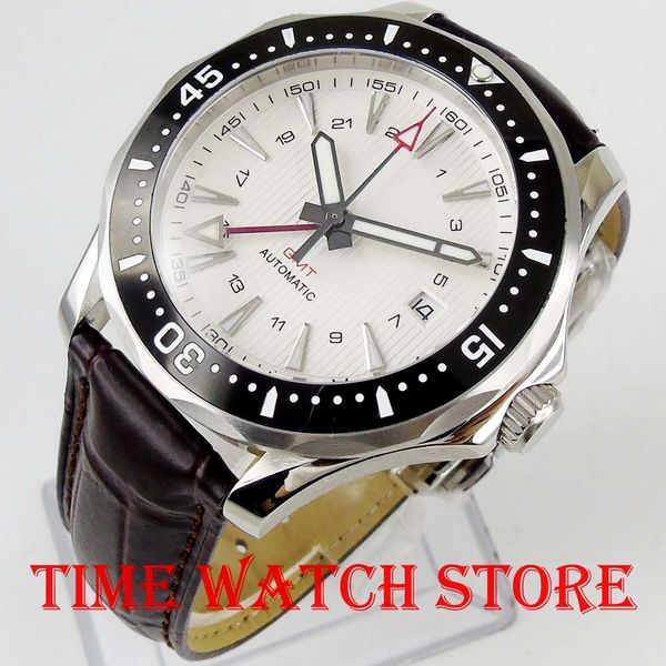

2019 new 41mm bliger gmt automatic watch men black luxury mechanical waterproof white index plate leather band ceramic lighting 905, Slivery;brown