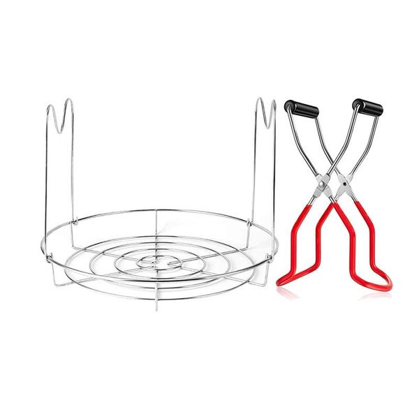 

stainless steel steamer canning rack and tongs with handles for regular mouth or stand pressure cooker removal bag clips