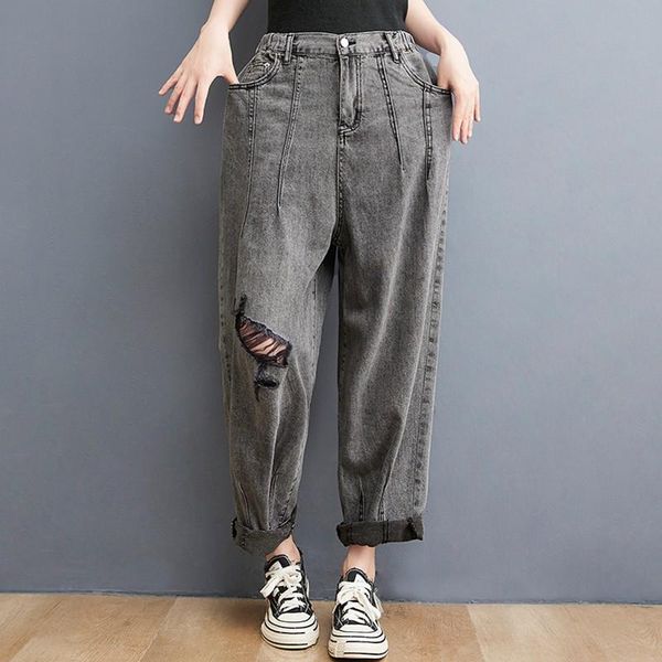 

women's jeans women summer high waist ripped arrival 2021 street style vintage hole loose straight female denim pants b528, Blue