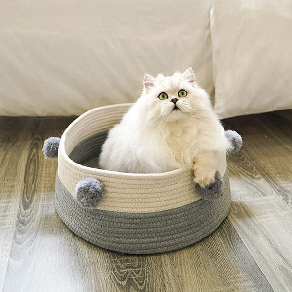 

cat beds & furniture weave bed house dog for small dogs basket pompon decorate all seasons sleeping puppy mat supplies pet rest