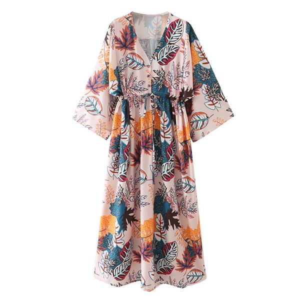 

casual dresses yenkye autumn women vintage print kimono dress female drawstring waist batwing sleeve long ladies loose robe, Black;gray