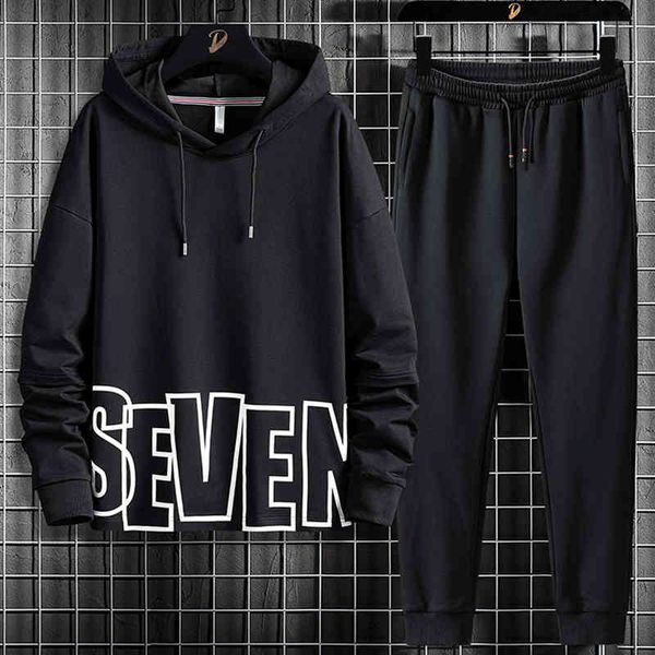 

men's tracksuits coat ensemble with hood and male trousers, plus size, , , printed letters, black pants, two pieces, men's sports, Gray