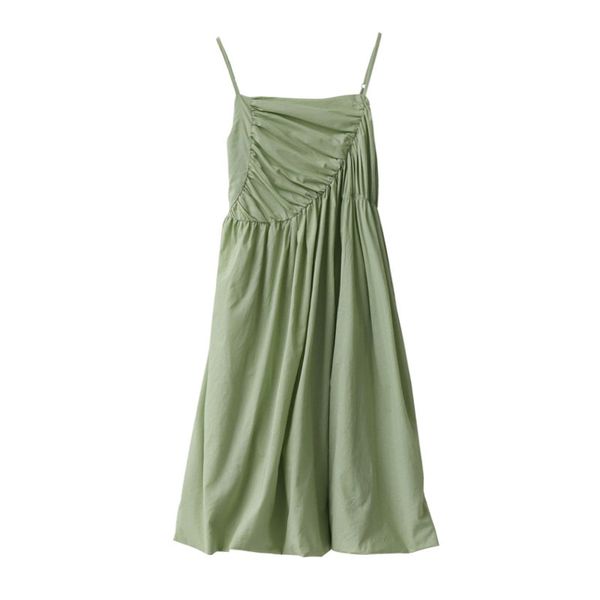 Sleeveless vestido cinta branca preta verde sólido fold dobrável comprimento verão sundress D1100 210514