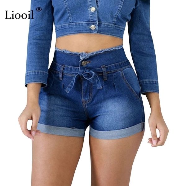 Liooil Casual Blue Denim Cintura Alta Shorts Mulheres Roupas Streetwear Algodão Lace-up Sexy Slim Rave Jean Com Bolsos 210724