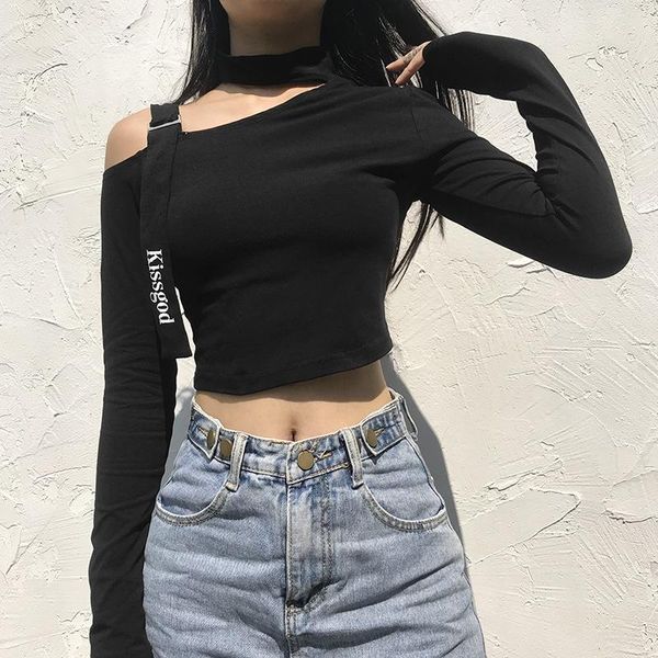 

women's t-shirt 2021 autumn women inclined shoulder long sleeve round neck crop hollow-out letter print undershirt, White