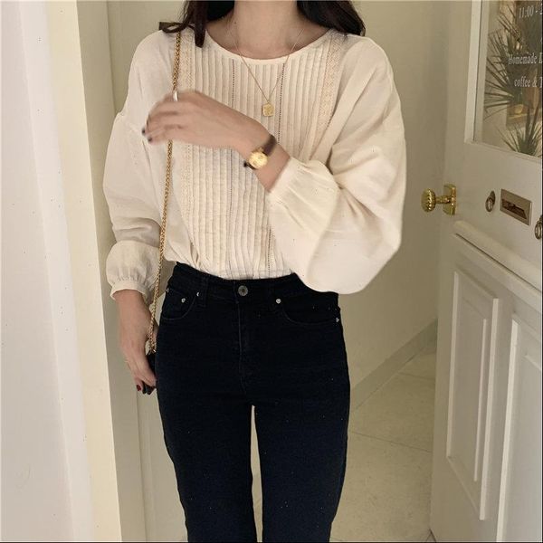 

apricot pleated womens shirt o neck gentle cotton korean large size office lady elegant full sleeved all match shirts, White