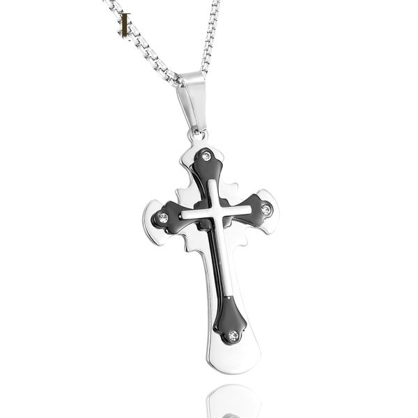 

black stainless steel crucifix necklace pendant religious jesus cross for men with chain male jewelry gift, Silver