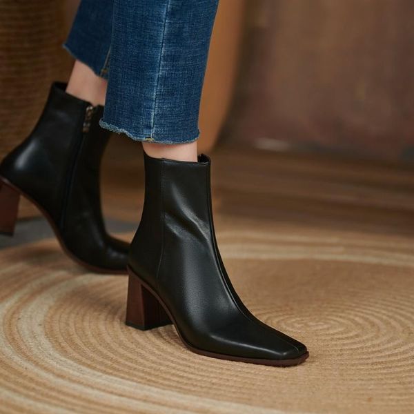 

boots korean version concise zipper booties women autumn winter square toe split leather block high heels ankle size 43, Black