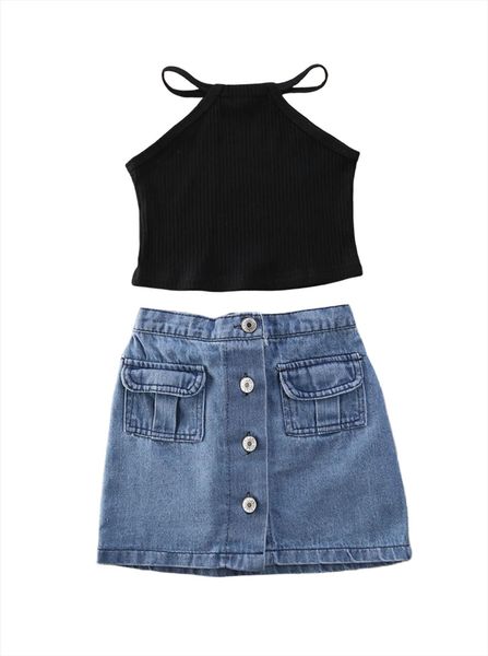

toddler kids baby girl 2pcs outfits vest tank denim skirts dress set, White