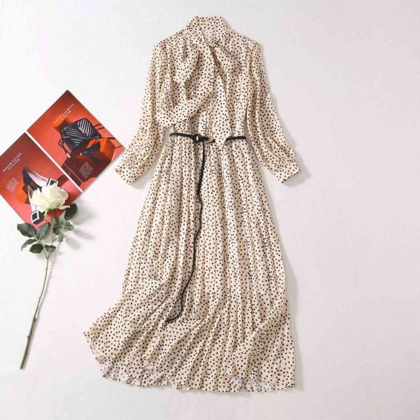 

runway dresses european and american autumn high-quality bow tie wave dot waist pleated dress with belt lgcx, Black