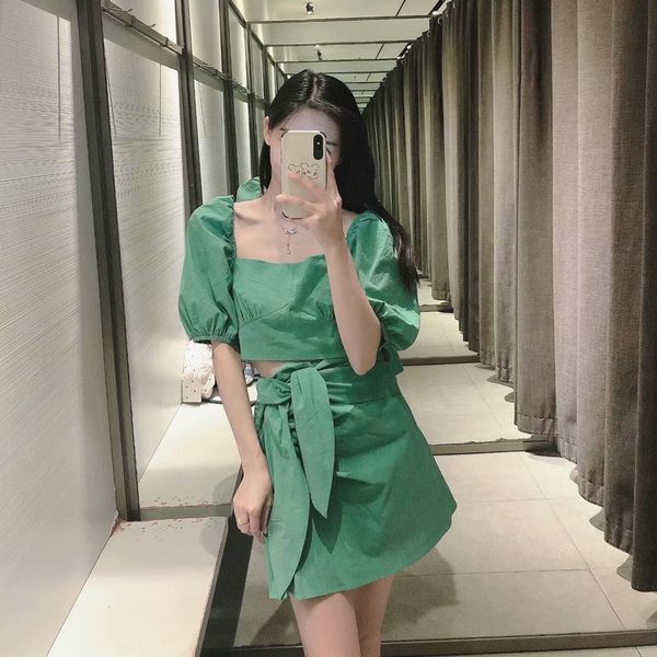 

women's two piece pants 2021-za french turtleneck short feminine navel rentals-up design bubble sleeve shirt + skirt suit, White
