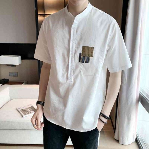 

fanwo fw3260 2021 summer new fashion trend men's simple splicing stand collar casual short sleeve shirt, White;black