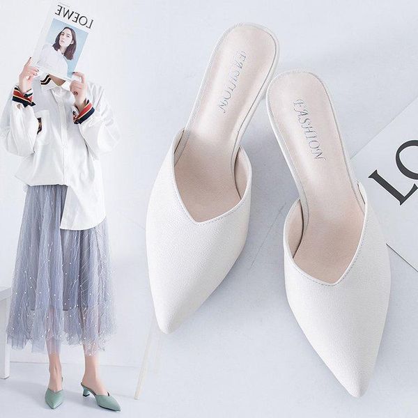 

white elegant office shoes women high heels 5cm slip on sandals slip-on 2021 comfortable ladies slippers, Black