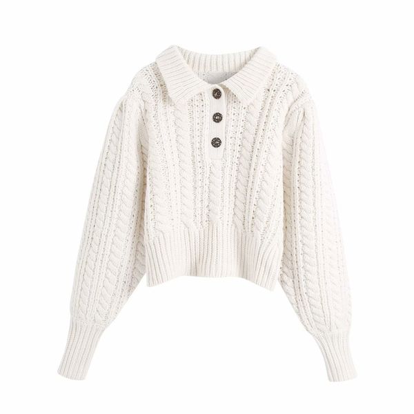 Casual White StrioDdown Collar Senhora de Lã Moda Moda Outono Quente Tweed Knitwear Feminino Vintage Botão Tops 210515