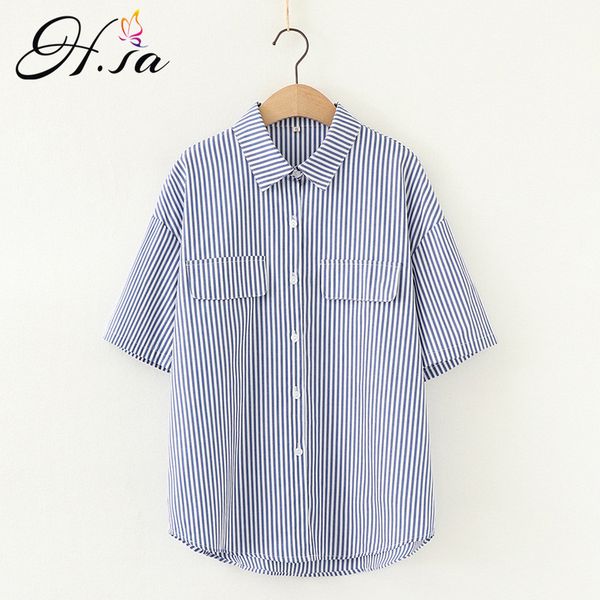 

hsa women's shirts office lady short sleeves button up women clothing striped spring fashion turn-down collar blouses 210417, White